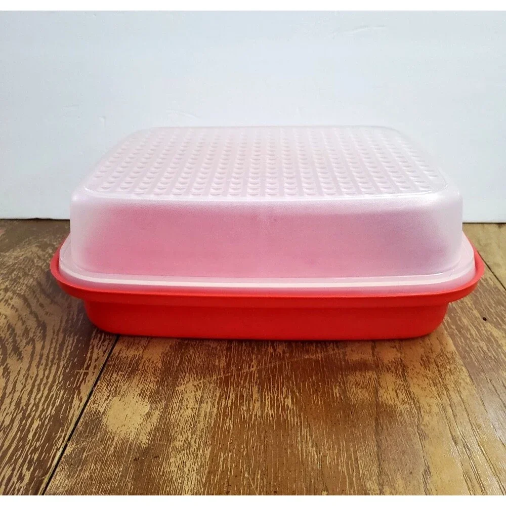 Vintage Tupperware 1518 Junior Season Serve Marinating Meat Container Lid Red